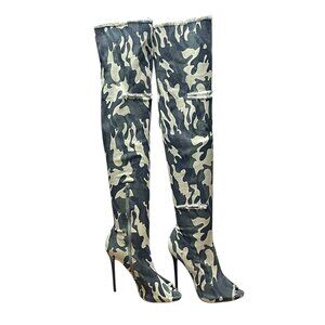 Shoedazzle Camo Thigh-High Stiletto Boots Size 8 With Peep Toe & Distressed Ripp